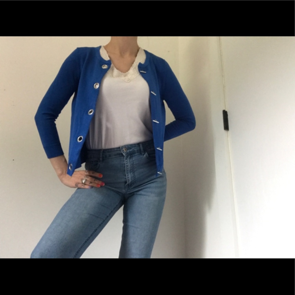 Premise 80’s Style Metal Rivet Closure Blue Nautical Cardigan Coastal Granny - Picture 8 of 16